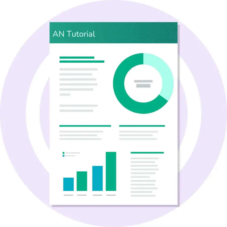 A clean and modern infographic-style business report with bar chart, pie chart, and text blocks, branded with the name "AN Tutorial"