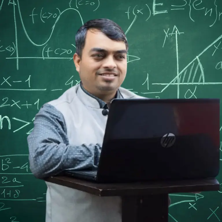 A male teacher wearing a headset conducting an online class with math equations and graphs on a blackboard in the background.