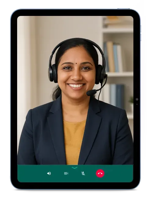 Smiling woman wearing a headset during a video call, displayed on a tablet screen, representing virtual communication or online consultation.